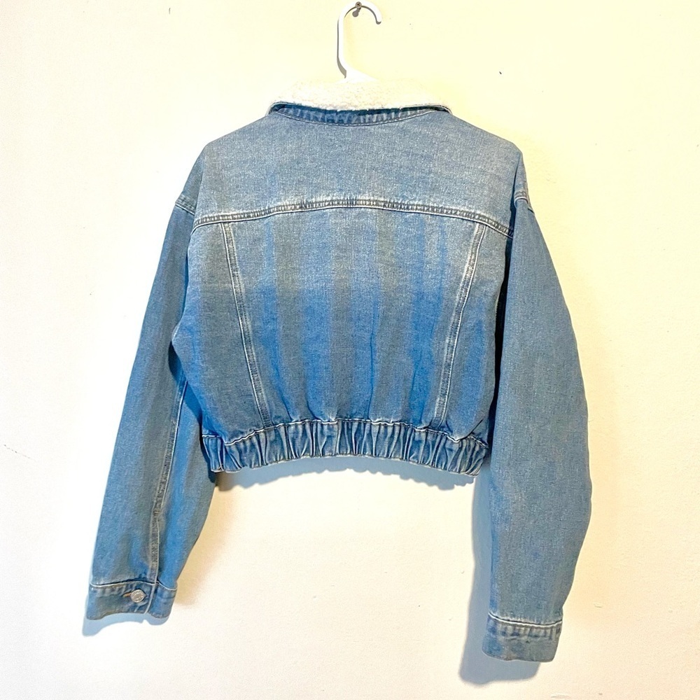 Madden NYC Blue Denim‎ Jean Cropped Jacket Sherpa Collar Womens L Preppy Y2K - Picture 6 of 8